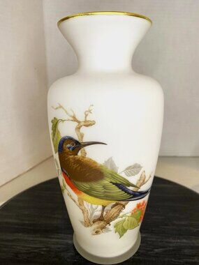 Bird Vase Vintage Satin Frosted Glass Design Gold Rim 8" Enesco Flowers Colorful